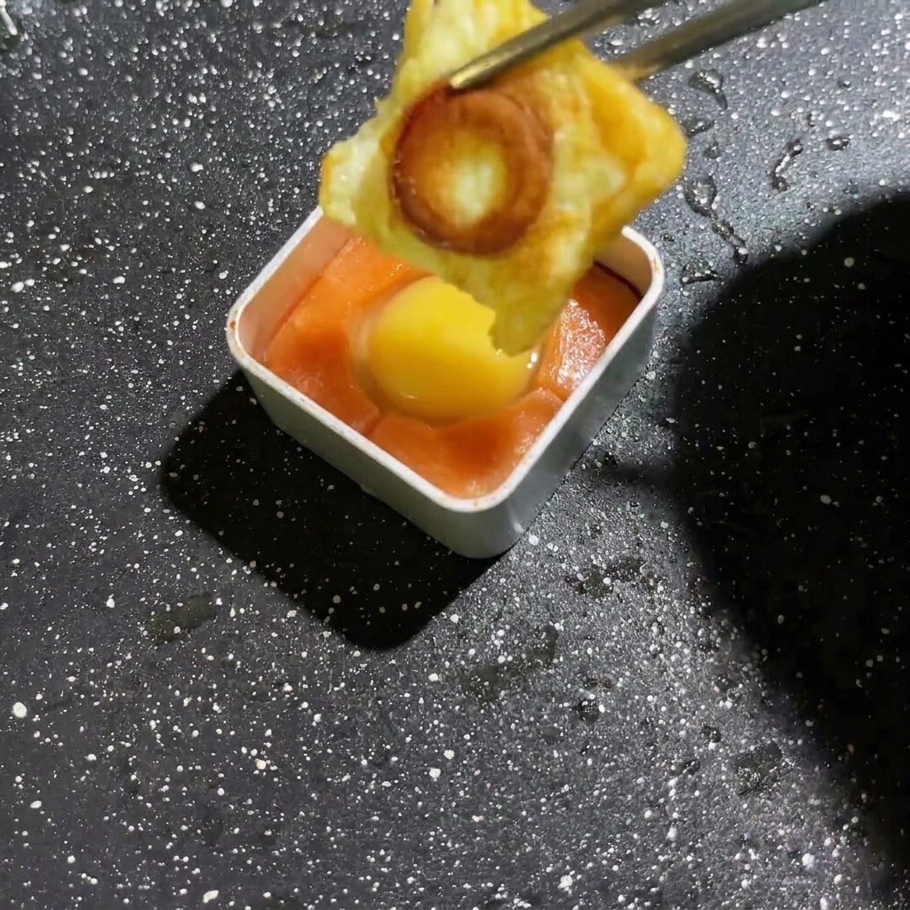 익힌 버섯 조각이 들어 있는 몰드로 달걀 액체가 짜여지는 모습.