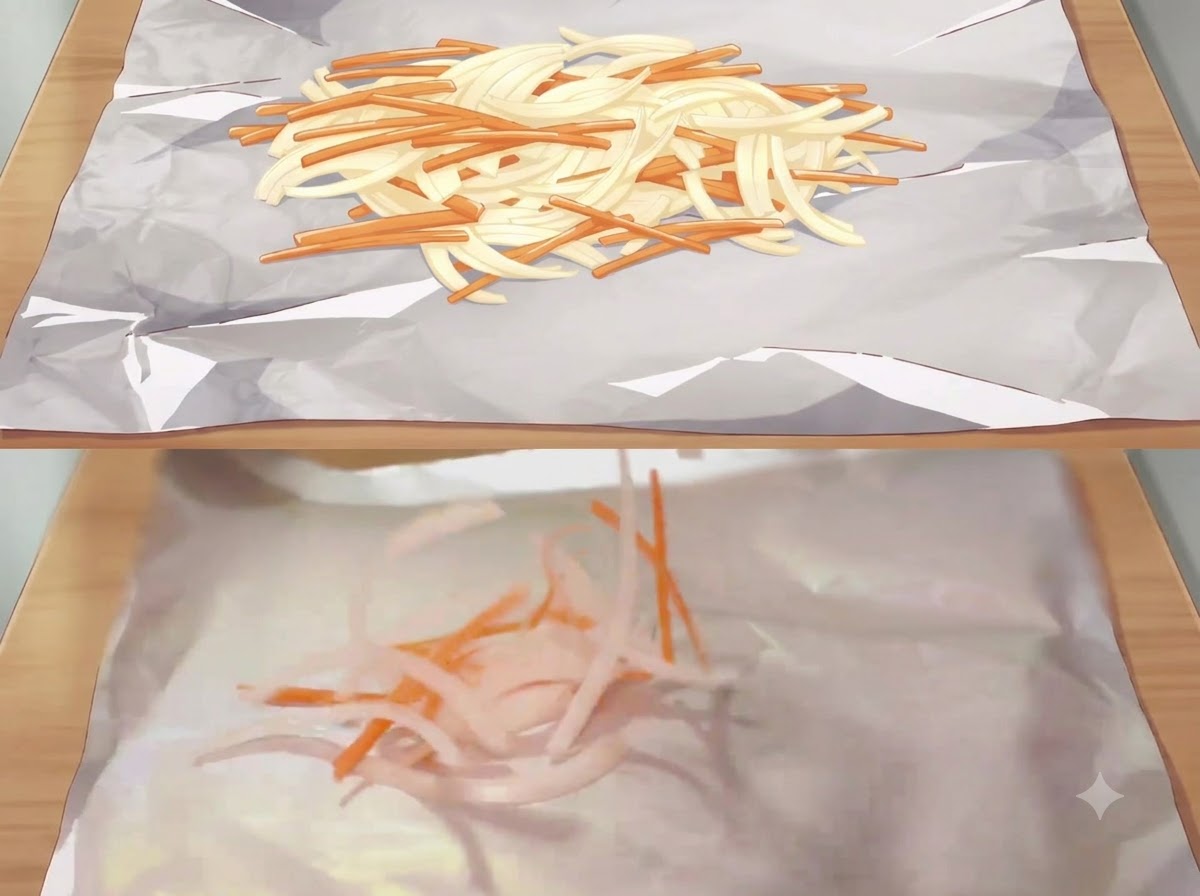 반짝이는 알루미늄 호일 시트 위에 얇게 썬 흰 양파와 주황색 당근이 흩어져 있는 모습.