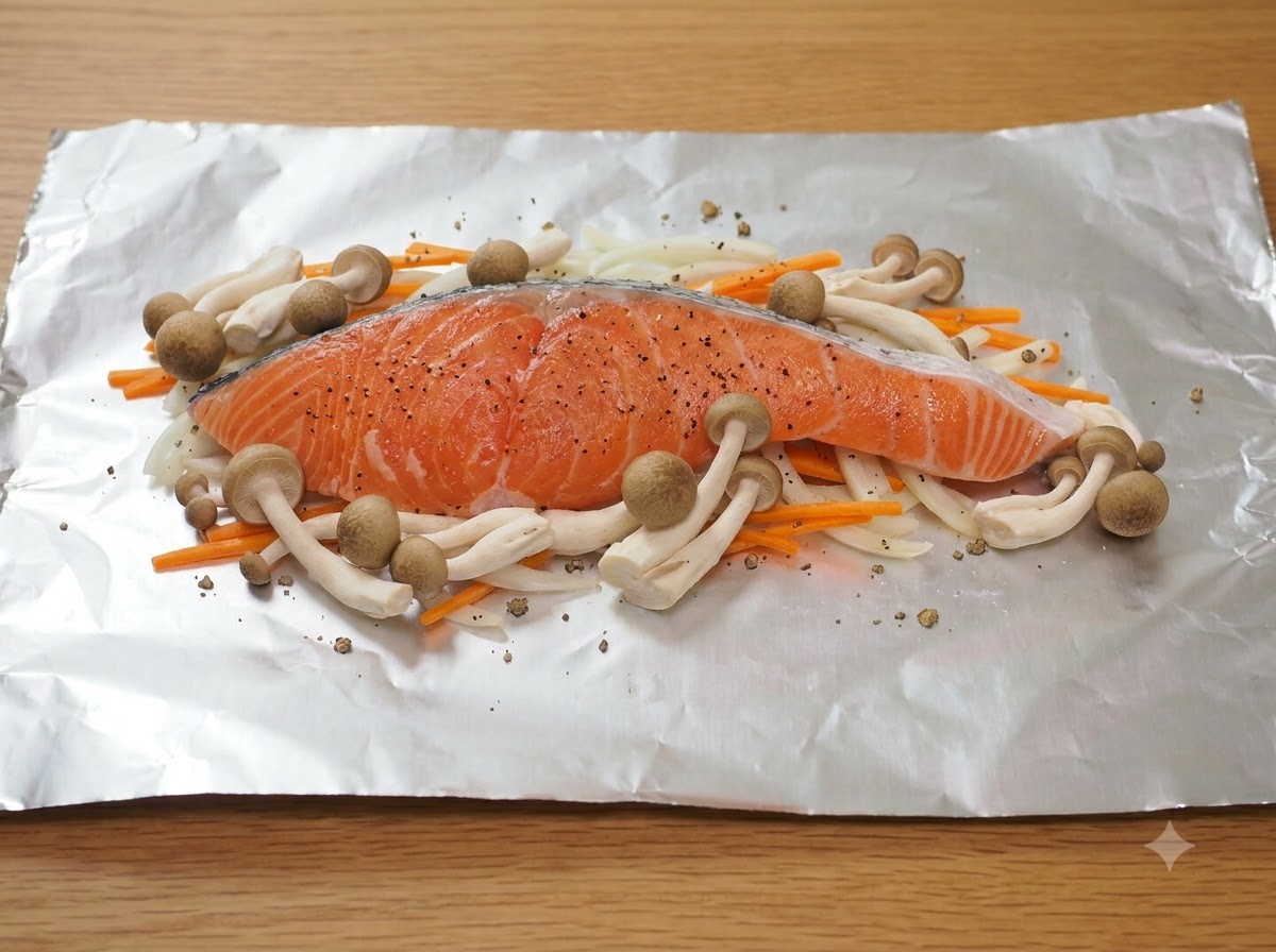 알루미늄 호일 위 채소 층 중앙에 놓인 신선한 연어 필레와 주변의 갈색 느타리버섯.