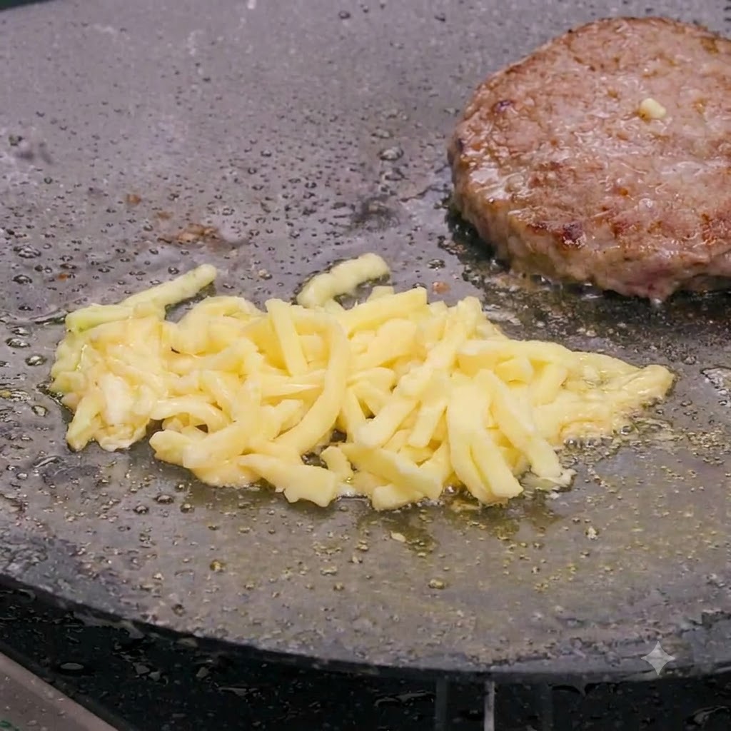 뜨거운 소고기 패티 위에서 모짜렐라 치즈가 부드럽고 걸쭉하게 녹은 모습.