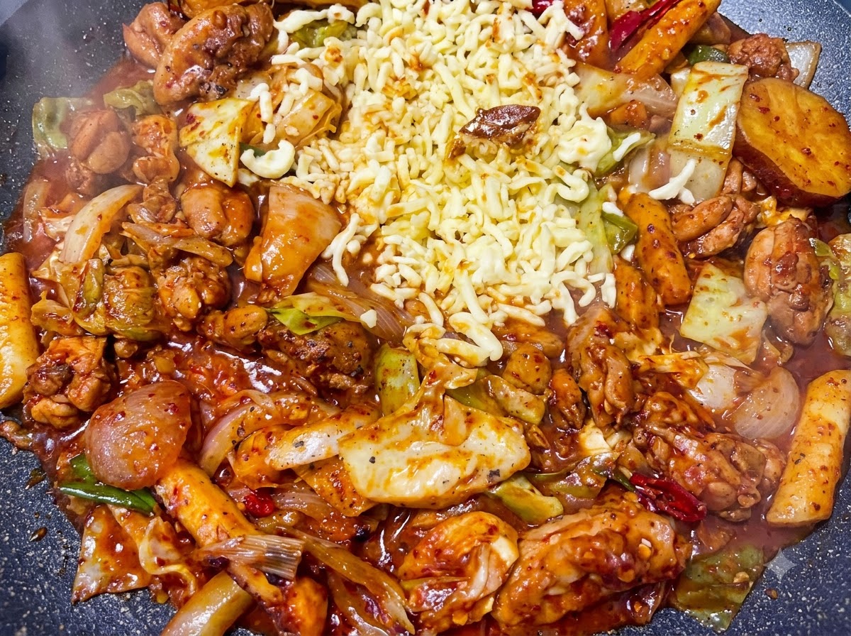 보글보글 끓는 매콤한 닭갈비 요리 한가운데를 비워 만든 공간에 채썬 모짜렐라 치즈를 붓고 있는 모습.
