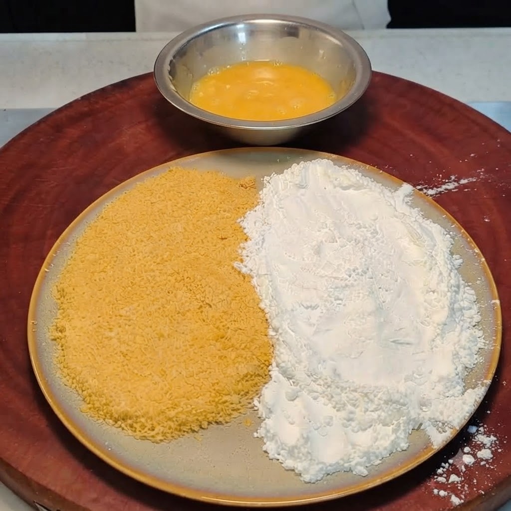코팅된 닭고기 조각을 노란 계란물이 가득 담긴 메탈 볼에 담그는 모습.