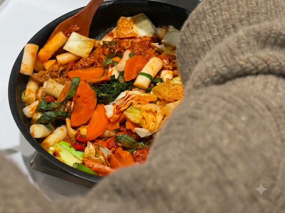 팬 안에서 끓고 있는 붉은 양념과 닭고기, 채소, 떡을 나무 숟가락으로 젓는 모습.