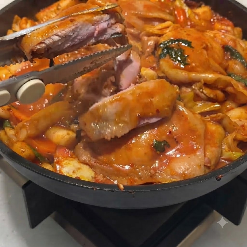 주방 가위를 사용하여 프라이팬 안에서 반쯤 익은 닭고기를 자르는 모습.