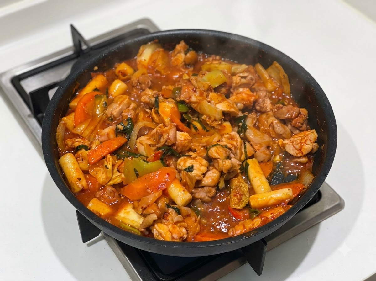 지글지글 끓는 닭갈비 위에 슈레드 모짜렐라 치즈를 솔솔 뿌리는 모습.