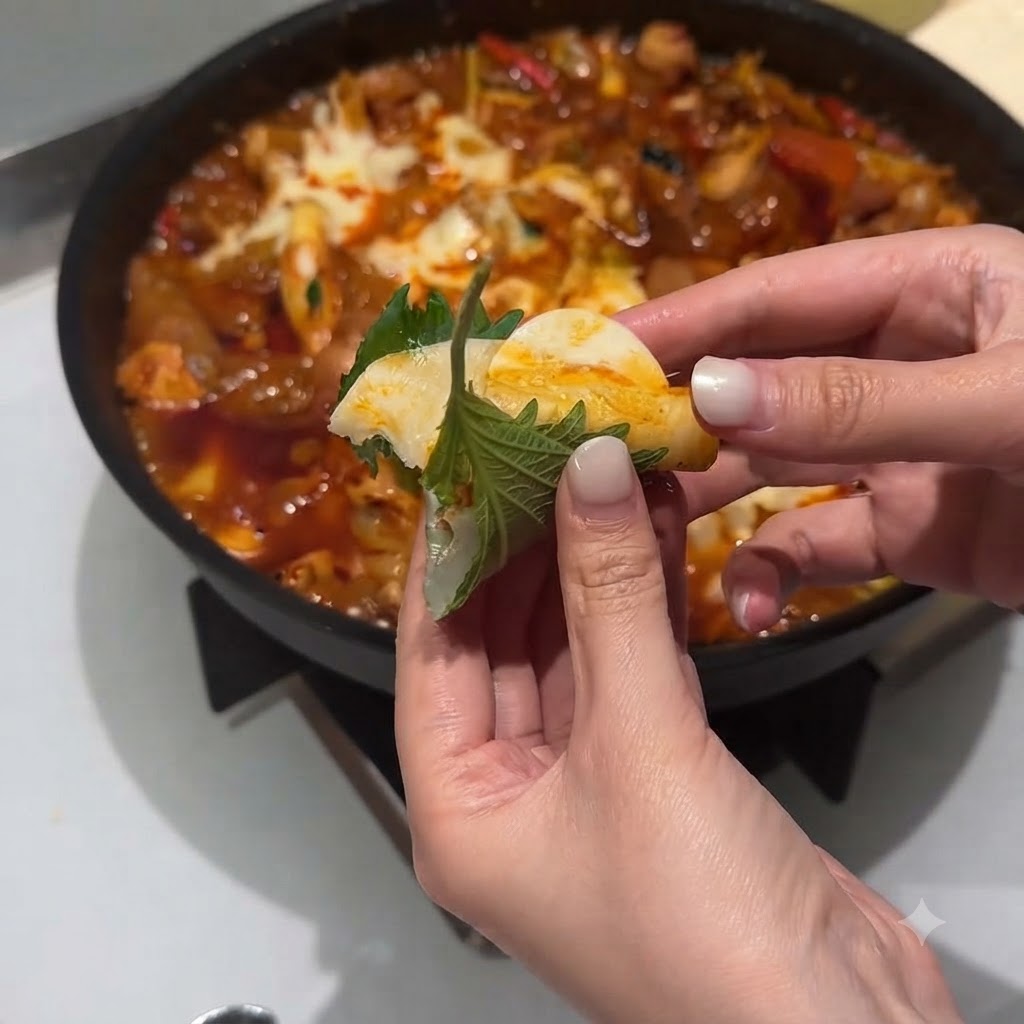 조리하던 팬에 남은 붉은 양념 위로 흰밥을 넣는 모습.