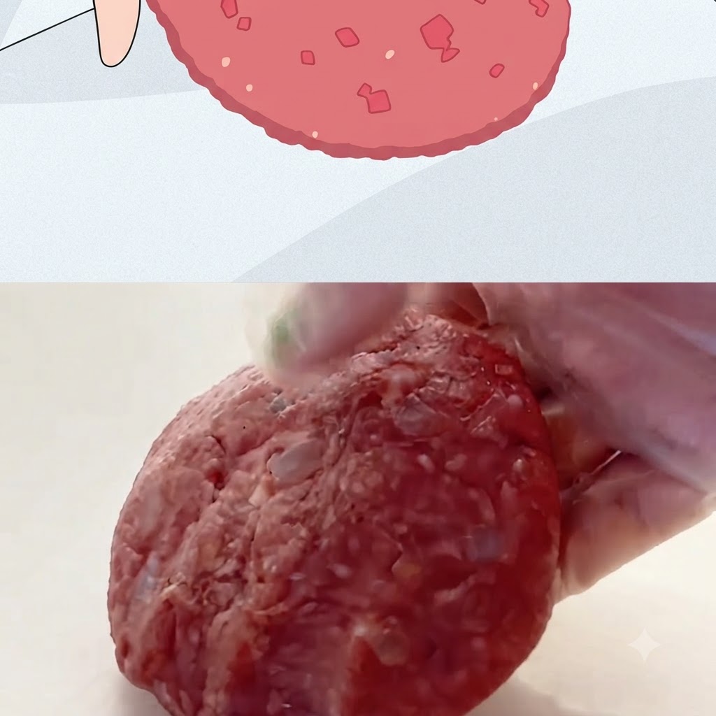 장갑을 낀 손이 요리용으로 모양을 잡은 크고 두툼한 둥근 생고기 패티를 들고 있는 모습.