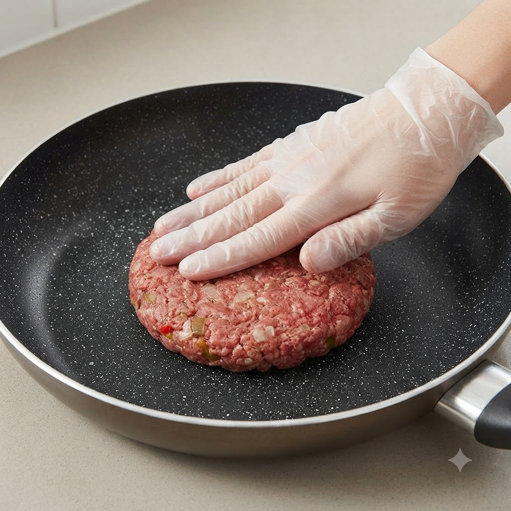 장갑을 낀 손이 두툼한 생고기 패티를 어두운 색상의 논스틱 프라이팬에 올리고 있는 모습.