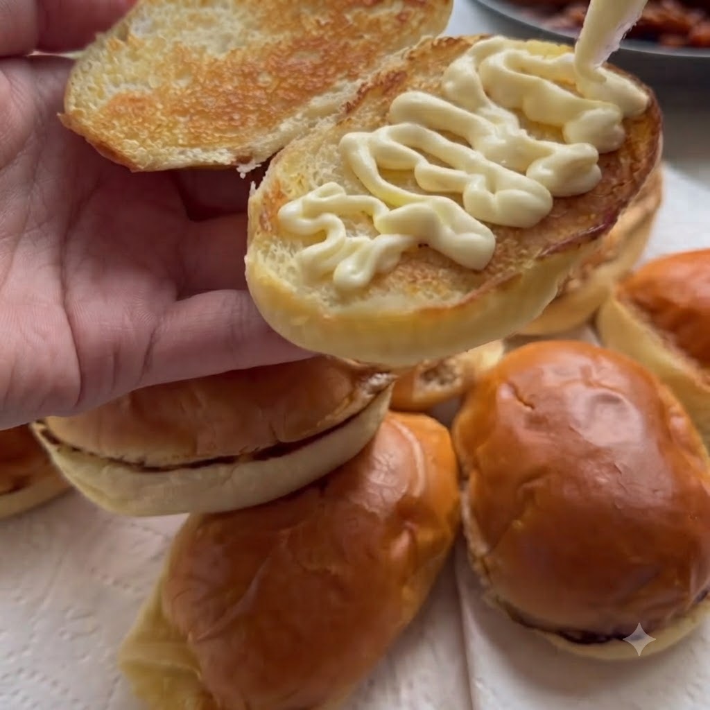 마요네즈를 바른 빵 위에 꾸덕한 소스가 밴 허니 치킨을 올려 담는 모습.