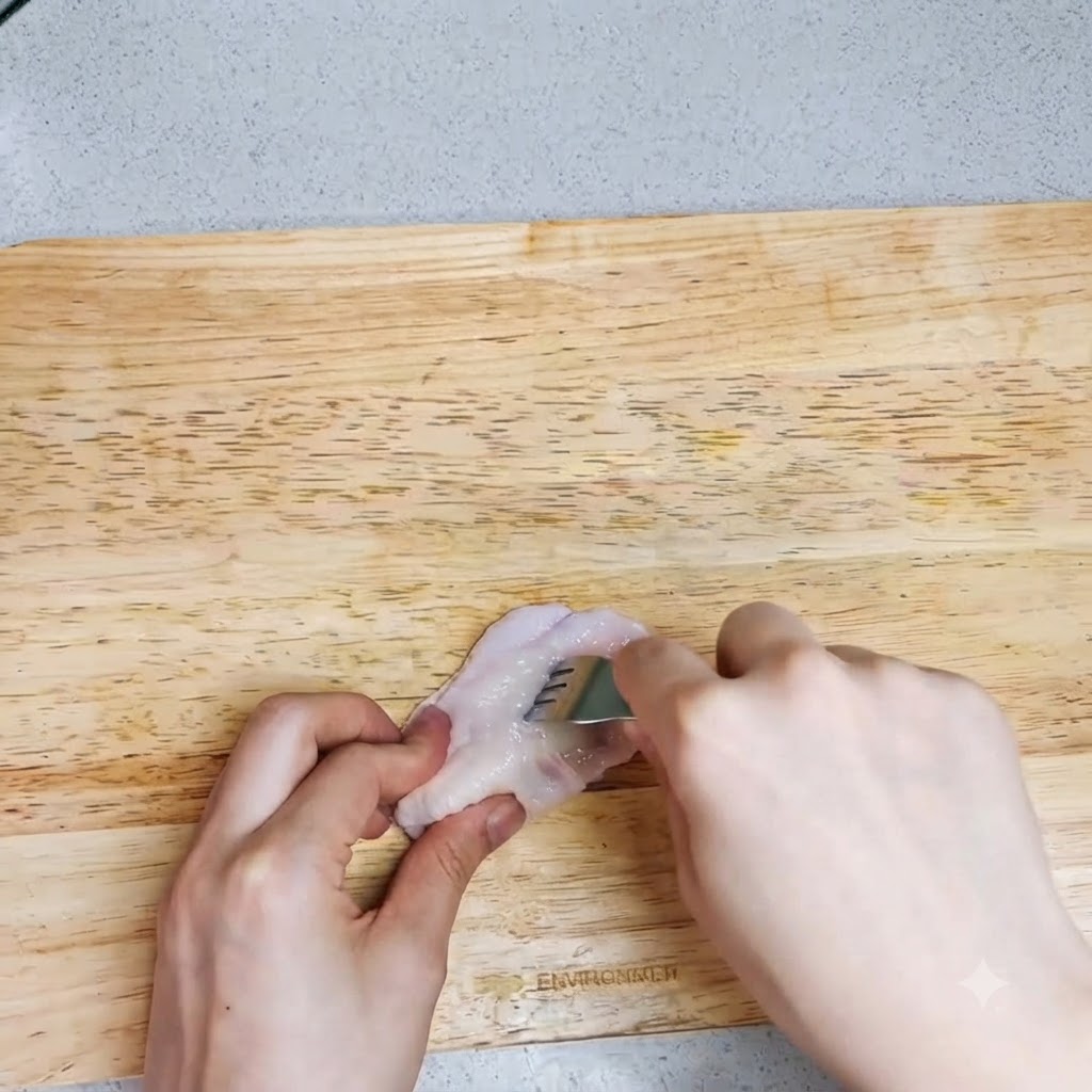 도마 위 생닭날개를 포크로 찌르고 있는 두 손.