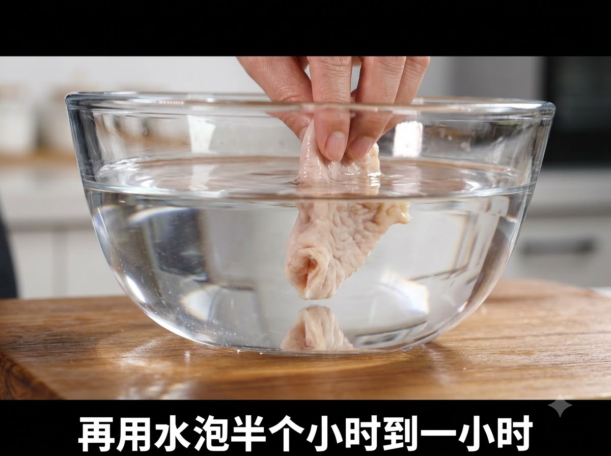 나무 표면 위 유리 볼에 담긴 물에 순살 치킨 조각들이 담겨 있는 모습.