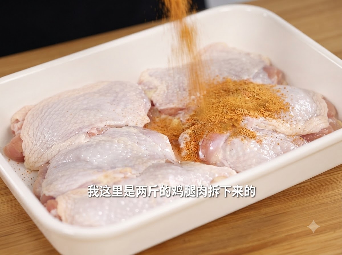 하얀 트레이에 정렬된 생 순살 치킨 조각들 위에 매콤한 염지 파우더가 뿌려지고 있는 모습.