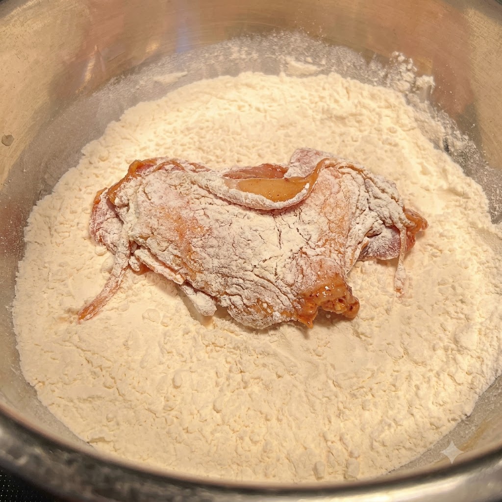 마리네이드된 닭다리살이 마른 가루 그릇에 놓여 골고루 코팅되는 모습.