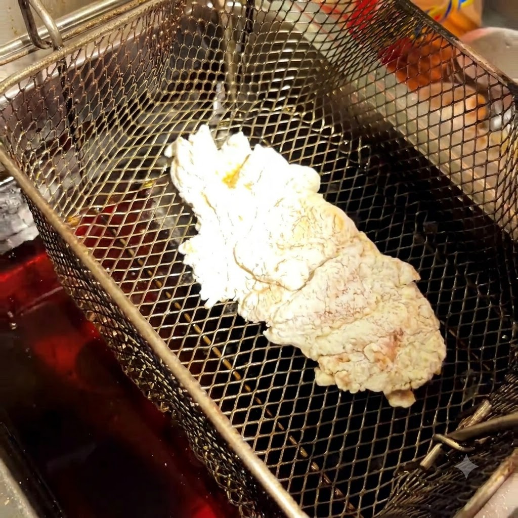 뜨거운 기름 위의 튀김기 바스켓 안치된 빵가루 입힌 닭고기 조각.