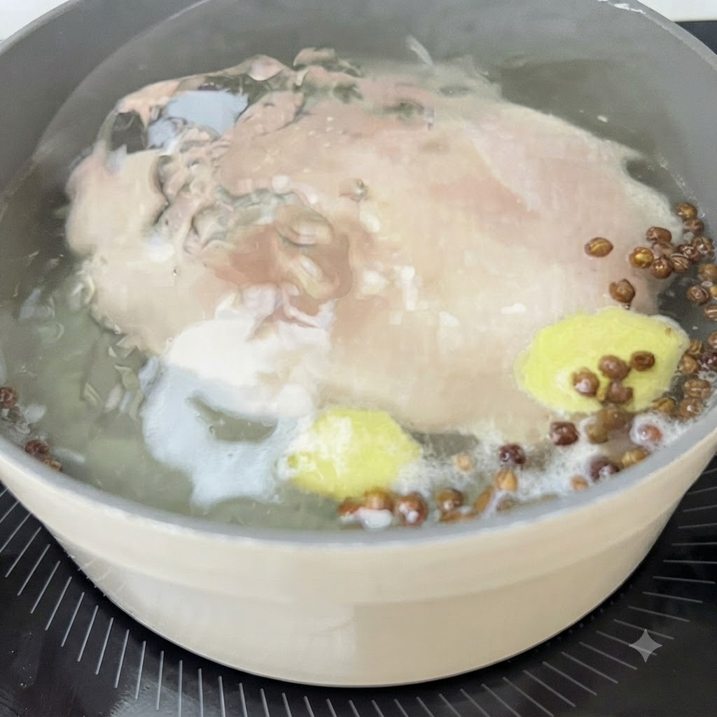 생강 편과 쓰촨 페퍼콘이 들어간 냄비에서 닭가슴살이 익어가고 있는 모습.